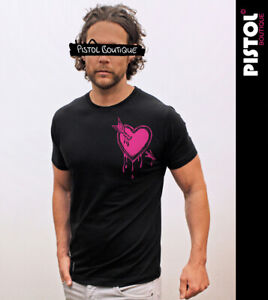 Pistol Boutique Homme Noir Standard Moulant Col Rond Rose Flèche Coeur T-Shirt