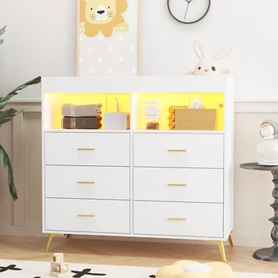 6-Drawer Baby Changing Dresser with LED Lights & Wood Top - White Nursery Storag - Image 1 of 4