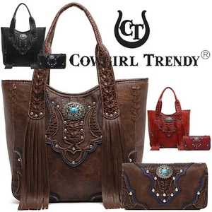 Western Style Concealed Purse Fringe Totes Handbag Women Shoulder Bag Wallet Set - Picture 1 of 38