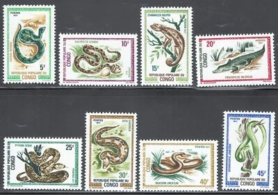 Congo PR Mint NH Sc# 243/250 Reptile set crocodile snakes lizard chameleon 1971 - Image 1 of 2