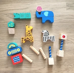 Wooden Toy Blocks Lot Of 24 Safari Animals Assorted Shapes  - Picture 1 of 12