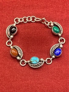 Navajo Sterling Silver Multi Stone Signed JBE Bracelet - Picture 1 of 6