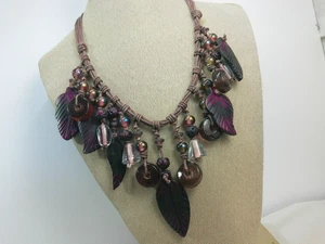African Purple Glass Carved Leaf Bauble AB Beaded Cord Tribal Boho Bib Necklace - Picture 1 of 16