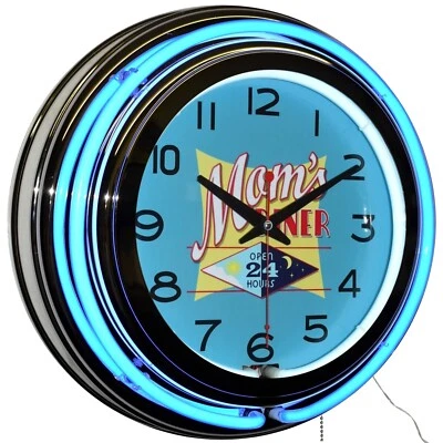 Cena de mamá 15" ¡Abierta 24 horas! Reloj Doble Neón Cocina Decoración Hogar (Azul) Foto 1 de 4