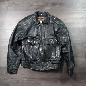 Vintage Weekends Leather Bomber Jacket Men's Size Medium Black Biker - Picture 1 of 12