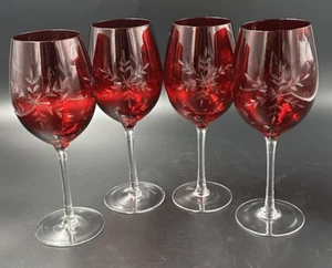Set 4 bicchieri da vino vintage eleganti cristallo rosso rubino inciso fiocco di neve gambo trasparente - Foto 1 di 9