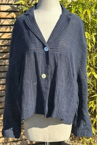 Giacca Oska blu navy gessato misto lino Lagenlook etichettata Oska taglia 3 - Foto 1 di 18