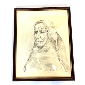 Boceto a lápiz nativo americano por Thomas R. Voorhis artista firmado enmarcado marrón - Imagen 1 de 7