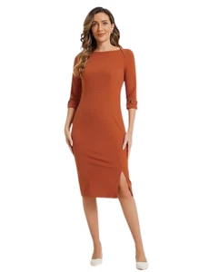 Allegra K Elegant Boat Neck 3/4 Sleeves Midi Split Sheath Dress - Women's M - Picture 1 of 6