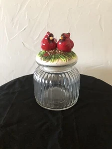 Glass Canister container jar canister w/ 2 Lovely red cardinals - Picture 1 of 5