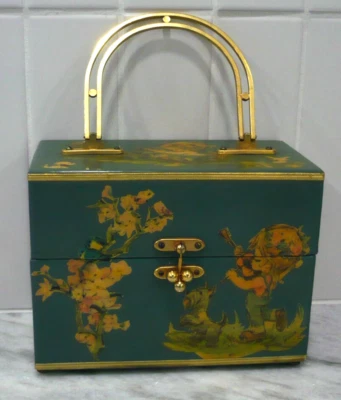 Vtg Handmade Cottagecore Wooden Purse Decoupage Whimsical  Makeup Trinket Box - Image 1 of 4