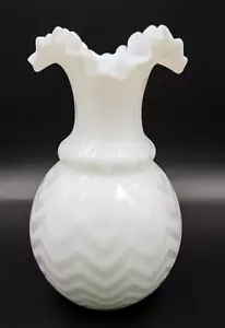 Antique Mt Washington Cased White Satin Glass RuffledEdge Herringbone Vase 6.25" - Picture 1 of 11