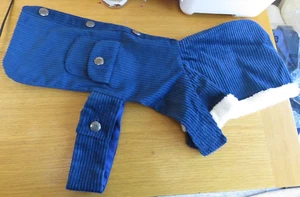 Handmade dog jacket. Military style in deep blue cord with faux fur hood - Picture 1 of 4