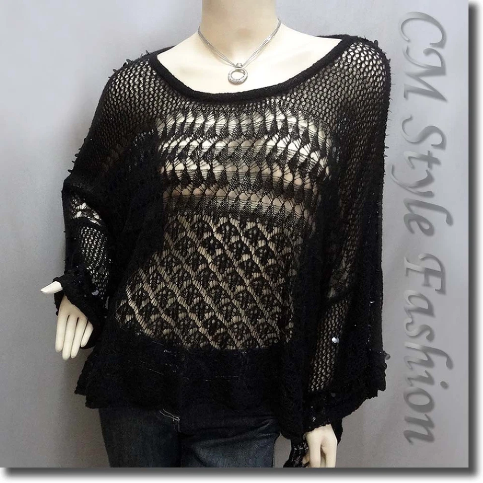 Suéter Top Cuadrado Cuentas Lentejuelas Ojales Tejido Crochet Negro L Foto 1 de 4