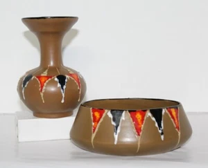 Vintage Italy Hand Made Brown Ceramic Pottery Vase and Trinket Dish Bowl - Picture 1 of 8