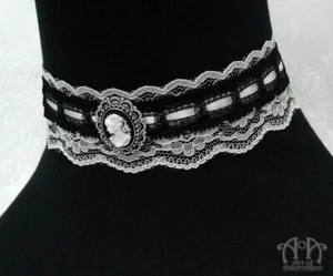 Steampunk WHITE BLACK CAMEO LACE CHOKER Necklace Silver Satin Ribbon Victorian - Picture 1 of 4