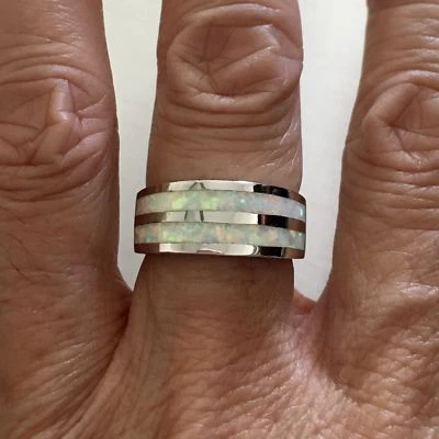Sterling Silver White Lab Opal Wide Band Ring, Opal Ring, Silver Rings  - Image 1 of 4