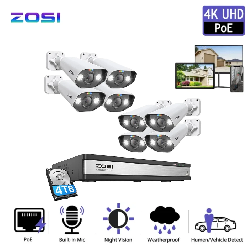 ZOSI 16 Channel H.265+ 4K 8MP Ultra HD POE Security Camera System Outdoor 4TB
