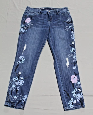 Pantalones de mezclilla Laurie Felt clásicos ajustados talla 10 bordados azul púrpura flores cremallera Foto 1 de 4