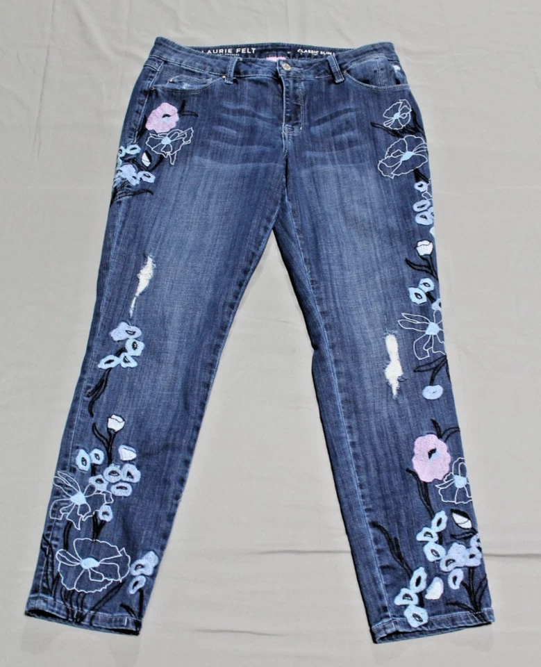 Laurie Felt Classic Slim Leg Size 10 Jeans Embroidered Blue Purple Flowers Zip - Image 1 of 4