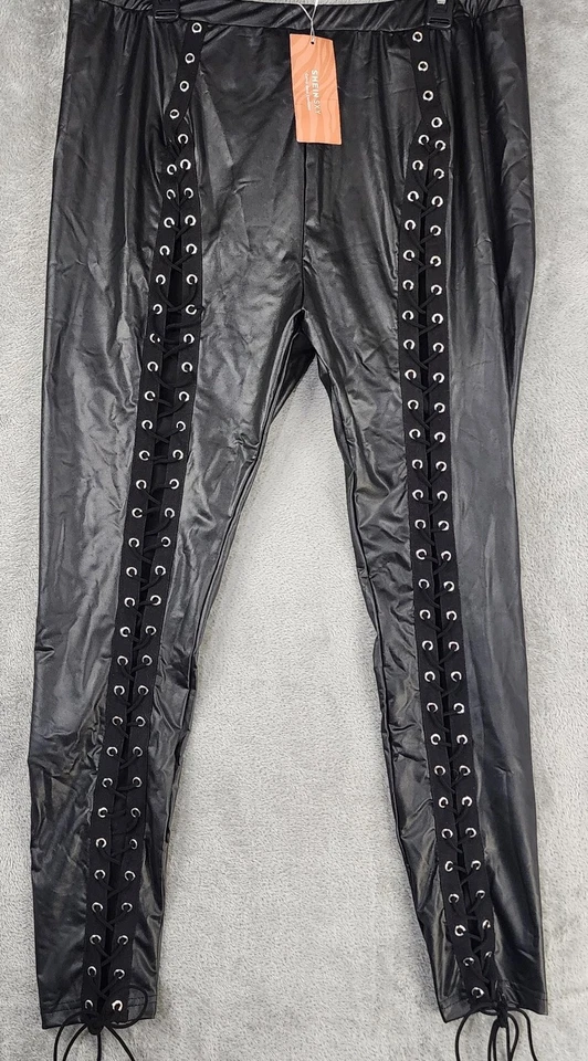 Pantalones Shein SXY 3XL para mujer negros de imitación de cuero con cordones cintura alta elásticos góticos Foto 1 de 4