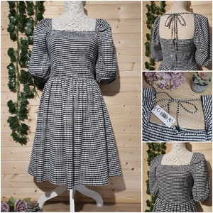 George Mini Dress Size 18 Gingham Shirred Top Tie Back Retro Swing Style Mono - Picture 1 of 16