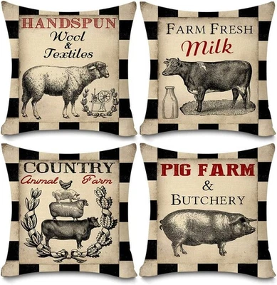 Vintage Farmhouse Animal Pillow Covers Black Buffalo Plaids Country Animal Fa... - Image 1 of 4