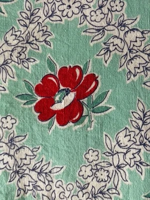 1 of 2 VTG FULL OPENED COTTON FABRIC FEEDSACKS RED ROSE FLORAL on AQUA BLUE - Image 1 of 4