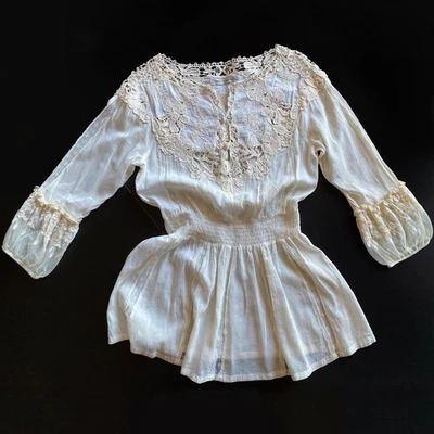 Blusa Campesina De Colección Crema Seda/Algodón Encaje Boho Transparente Crochet Borde Top Talla XS/S Foto 1 de 4