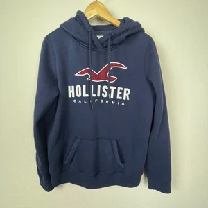 Hollister Men’s Hoodie Size M Navy Embroidered Eagle Spellout Sweatshirt Preppy - Picture 1 of 6
