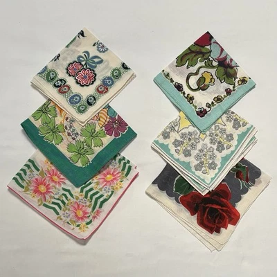Vtg Lot Of 6 Print Hankies Handkerchief Floral  Pink Crafting Cutter 50s #3 - Image 1 of 4