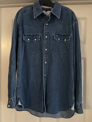 Tommy Hilfiger Borde a Rayas Talla M Perla Snap Western Manga Larga Denim De Colección Foto 1 de 4