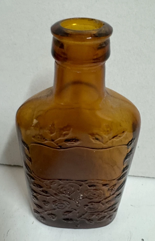 Botella de whisky miniatura de vidrio ámbar vintage patrón de rosas SIN TAPA/TAPA 3,75" Foto 1 de 4