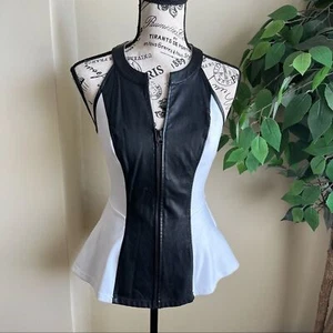 Guess Faux Leather Front Zip Sleeveless Peplum Top Black & White Sz S - Picture 1 of 16