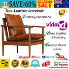 Real Leather Armchair Solid Acacia Wood Frame Handmade Vintage Living Room Chair