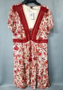 Torrid 1 Paisley Knee Length Dress Red Multicolor Lace Up V-neck New w Tags - Picture 1 of 13
