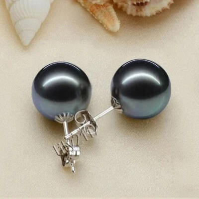 13-14mm Genuine Natural Round Tahitain Black Pearl Stud Earring 14k White Gold - Image 1 of 4