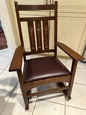 Stickley Harvey Ellis Collection Inlaid Oak Wood and Leather Rocking Chair