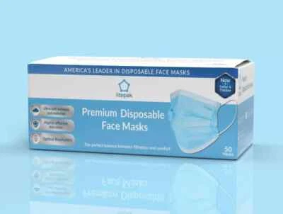 500pcs Litepak Premium Disposable Face Mask 3-Ply SOFT Comfort Earloops BlUE - Image 1 of 2