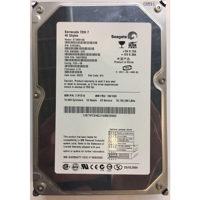 71P7316 - IBM 40GB 7200 RPM IDE 3.5" HDD - Image 1 of 1