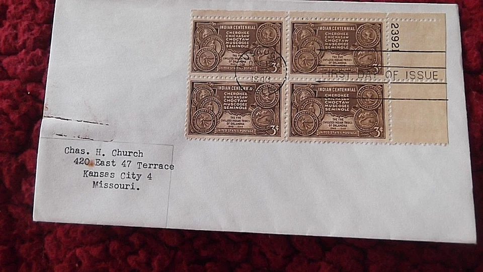 FDC #972* 10/15/48* OKLAHOMA INDIAN  CENNTENNIAL* No Cachet*Block 4X 3c Stamps - Image 1 of 1