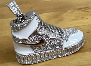 Large Sterling Silver White Enamel Sneaker Charm Pendant with Crystal - Picture 1 of 9