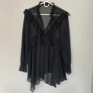 Blusa larga Zara Swiss Dot con volantes talla pequeña negra de encaje transparente de gran tamaño para mujer - Imagen 1 de 7