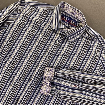 Robert Graham Shirt Mens XL Blue White Stripe Classic Fit Paisley Flip Cuff EUC - Image 1 of 4