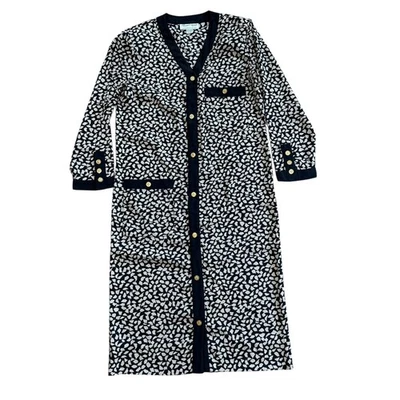 Albert Nipon Executive Dress Black Beige Abstract Print Button Front V Neck Midi - Image 1 of 4