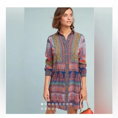 NWT Anthropologie Maeve Casablanca Silk Shirt-Dress Paisley Collared Sz 4 - Image 1 of 4