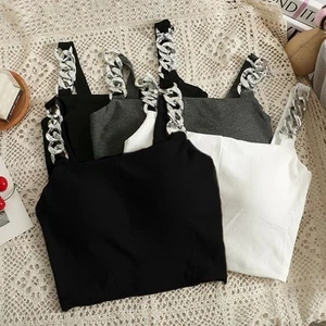 New Womens Chain Design Slim Fit Sleeveless Crop Top for Casual Outings - Picture 1 of 24