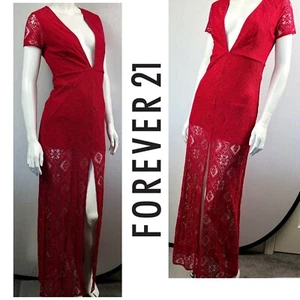 NWT Forever 21 Perfectly Sexy Extreme Low Cut Busty Red hot Vamp Lace Maxi Dress - Picture 1 of 12