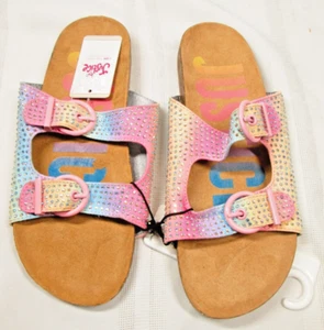 Justice Girls Footbed Sandals Size 6 Rainbow Sparkles Pink Blue Slip On NWT - Picture 1 of 11