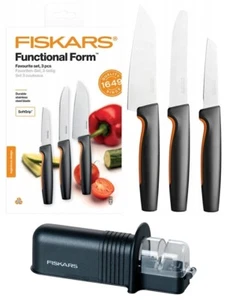 JUEGO DE CUCHILLOS FISKARS, 3 CUCHILLOS DE COCINA + AFILADOR CUCHILLOS ACERO INOXIDABLE JAPONÉS - Imagen 1 de 12
